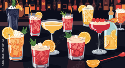 Colorful assortment of cocktails on a bar with fruit garnishes