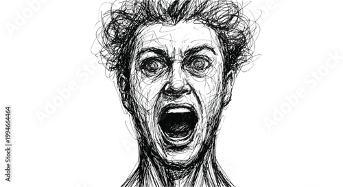 Raw Emotion in Ink: A powerful and dramatic artistic rendering captures the raw emotion of a human expression, showcasing open mouth in a moment of intensity.