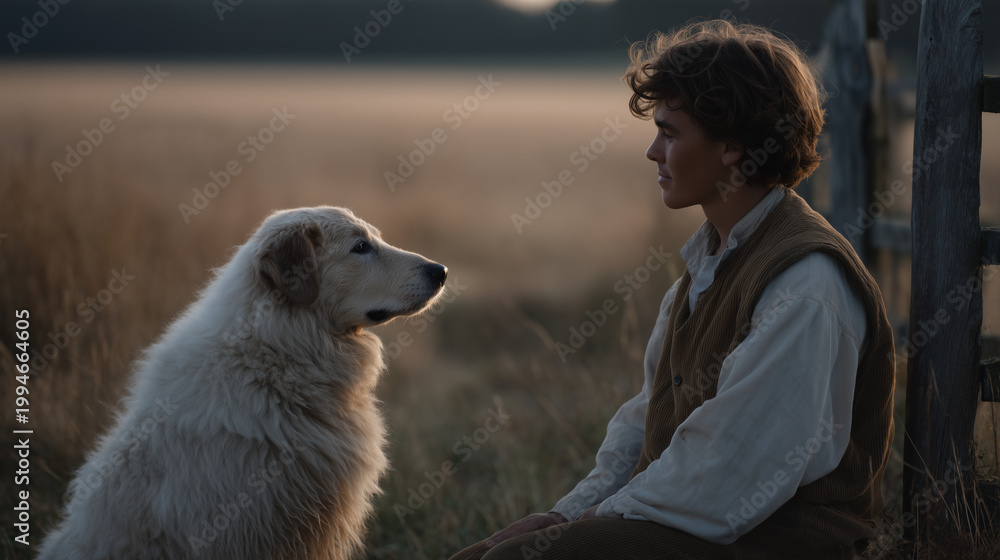Naklejka premium Rural sheep farmer at fence post at early morning mist, herding border collie, oxytocin social trust animal human bond agricultural lifestyle pastoral portrait rural farm dawn summer livestock dog s