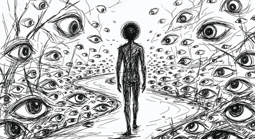 Alone on the Journey: A solitary figure navigates a path watched over by countless eyes, evoking feelings of scrutiny and contemplation. 