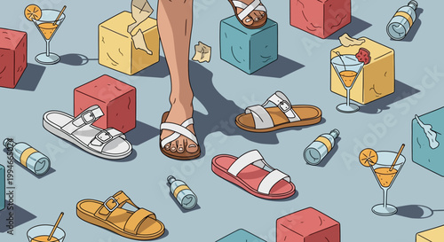 Woman's legs surrounded by colorful shoes boxes and cocktail drinks