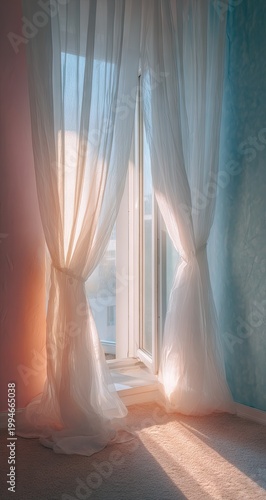 Soft daylight streams through sheer curtains of a bright window