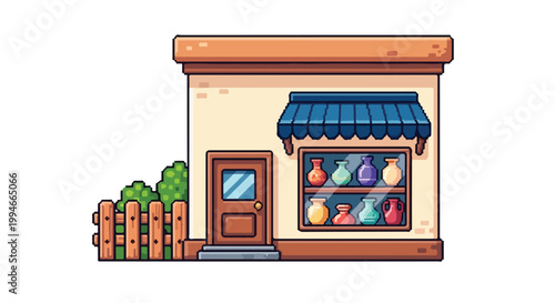 This pixel art vector depicts a cozy pottery shop storefront with a striped blue awning and a large window showcasing vibrant ceramic vases.