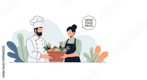 Chef and woman with fresh vegetables.