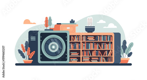 Camera next to bookcase with books.