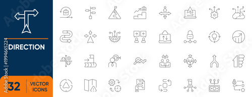 Direction Icon Set. Containing Navigation, Success Path, Way, Arrow, Route, compass, itinerary pointing, direction and more. Editable vector Line icons collection.