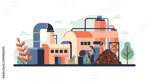 Industrial Factory with Smokestack and Machinery.