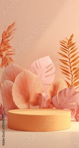 Soft pastel display platform centered with stylized tropical foliage