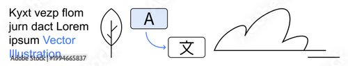 Language learning, translation services, bilingual education, nature , communication, modern linguistics. Minimalist icons with a tree, cloud and text bubbles. Translation services and nature