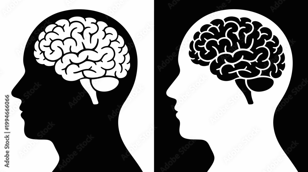 Obraz premium A striking visual depicts two human head silhouettes each containing a detailed brain illustration in contrasting black and white high quality professional modern elegant stylish clean