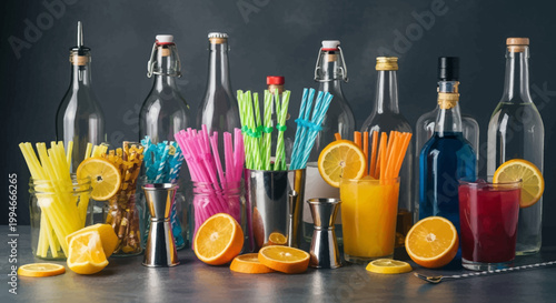 Colorful drinks bottles and glasses with straws and orange slices
