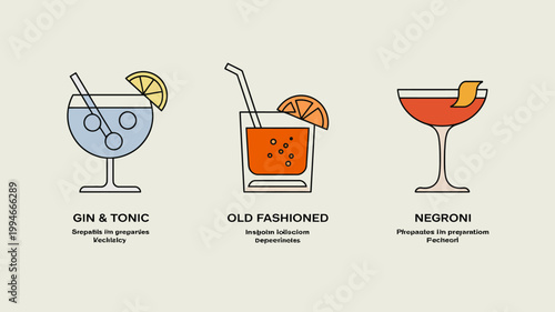 An illustration displays three classic cocktails a gin and tonic an old fashioned and a negroni each with its garnish high quality professional detailed modern elegant