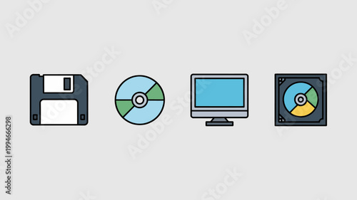 An illustrative collection showcases various data storage devices including floppy disks cds monitors and hard drives in a flat design high quality professional detailed modern elegant