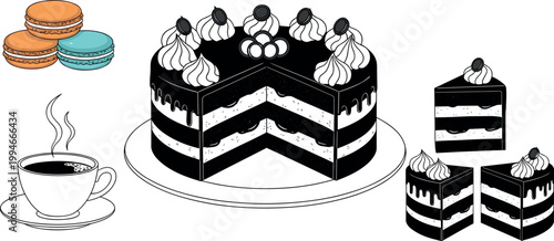  Elegant Black and White Cake Set with Slices, Macarons, and Coffee Cup for Bakery, Dessert Menu, Cafe, and Sweet Shop Illustration Designs