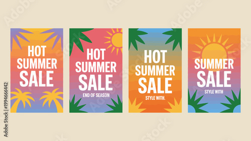 A collection of four vibrant summer sale promotional posters featuring stylized suns palm leaves and bold text high quality professional detailed modern elegant stylish clean crisp