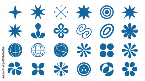 An assortment of abstract blue geometric shapes and starbursts are arranged on a clean white background forming a visually balanced composition high quality professional detailed modern