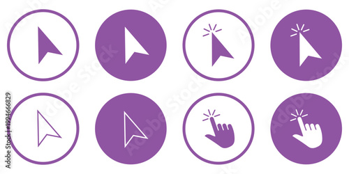 Set of computer mouse click cursor isolated on white background. Cursors linear black icons click collection. Zooming, arrow, hourglass, hand pointer symbol. Vector illustration
