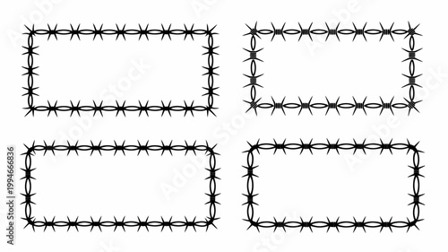 This image displays four rectangular frames constructed entirely from sharp black barbed wire creating a stark and potentially dangerous border high quality professional detailed modern elegant