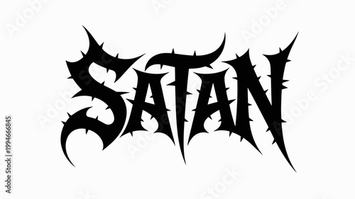 A stark black and white image displays the word satan in a highly stylized gothic and jagged font evoking a dark and ominous aesthetic high quality