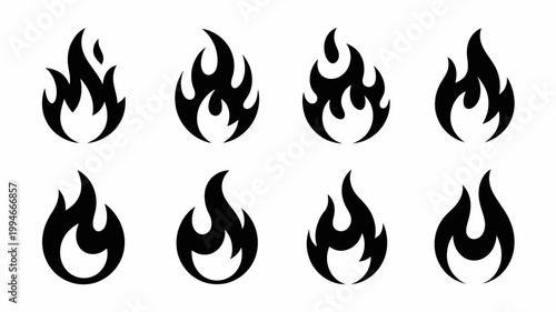 A collection of eight stylized black flame icons are displayed against a clean white background showcasing different flame shapes high quality professional detailed modern elegant stylish