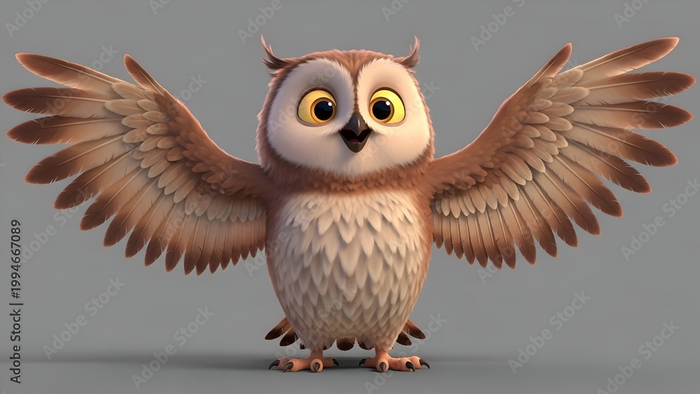 Obraz premium Cartoon owl spreading wings against neutral backdrop for visual content