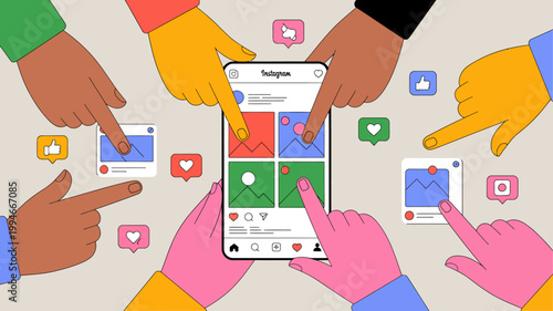 Valokuva Diverse hands interact with a smartphone displaying an instagram layout featurin