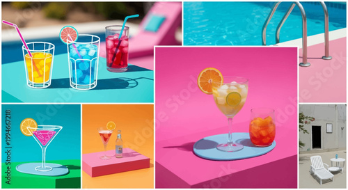 colorful summer cocktails collage with pool background