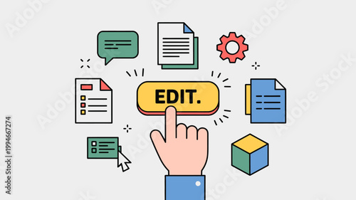 Foto An illustration depicts a hand pressing the edit button surrounded by various ic