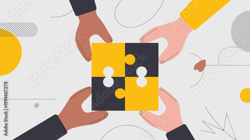 Diverse hands collaboratively connect four puzzle pieces representing teamwork unity and problem solving in a modern abstract style high quality professional detailed elegant stylish clean crisp