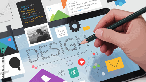 A hand uses a pencil to interact with a digital tablet displaying various design elements and interface mockups high quality professional detailed modern elegant stylish clean
