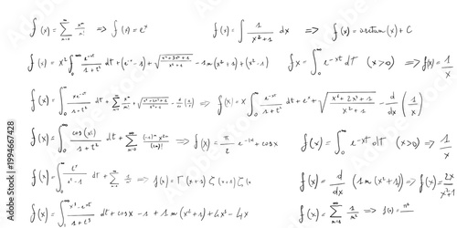 A series of complex mathematical equations and formulas, including integrals, derivatives, and summations, written in a neat handwritten style with black ink on a clean, horizontal white background.