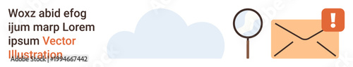 Email security, data analysis, cloud storage, digital alerts, online monitoring, information safety. Envelope with an alert icon, magnifying glass and cloud. Email security and data analysis concept