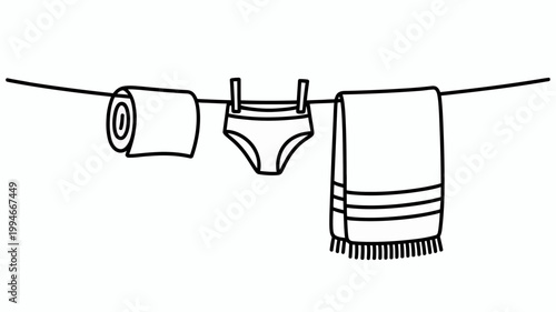 A simple black and white line drawing depicts laundry hanging on a clothesline including a toilet paper roll underwear and a towel high quality professional detailed