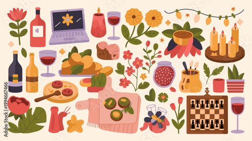 A vibrant illustration depicts a cozy autumnal scene with festive elements like wine food flowers and leisure activities high quality professional detailed modern elegant stylish clean