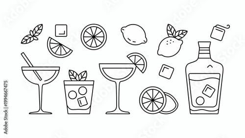 A minimalist line drawing depicts various cocktail ingredients and glasses including lemons mint and a bottle high quality professional detailed modern elegant stylish clean crisp vibrant