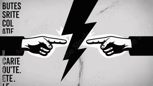 A stark image depicts two hands pointing towards each other separated by a bold black lightning bolt on a white background high quality professional detailed modern