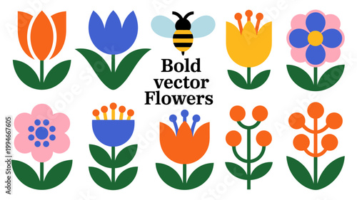 A colorful arrangement of stylized flowers and a bee are presented in a flat vector design with bold lines and bright hues high quality professional detailed