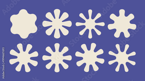 An arrangement of abstract pale yellow shapes resembling stylized snowflakes or splatters is displayed against a deep indigo background high quality professional detailed modern elegant stylish