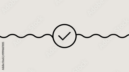 A minimalist graphic depicts a wavy line intersected by a circular icon containing a checkmark symbol suggesting confirmation high quality professional detailed modern elegant stylish clean