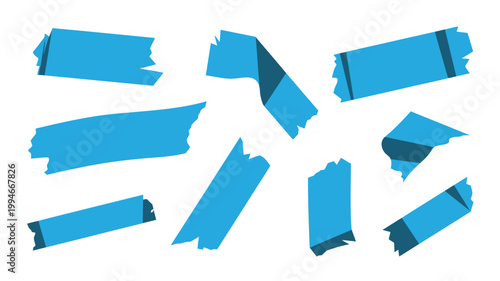 A collection of torn jagged light blue paper strips are scattered across a plain white background creating a dynamic composition high quality professional detailed modern elegant