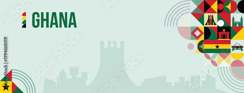 Modern geometric vector banner featuring Ghana cultural elements landmarks and skyline, Includes iconic architecture and heritage symbols in clean style design