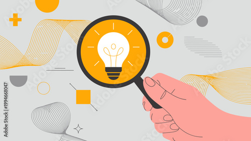 An illustrative image depicts a hand holding a magnifying glass over a glowing lightbulb symbolizing idea exploration and innovation high quality professional detailed modern elegant stylish