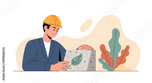 Man wearing hard hat holding stone.