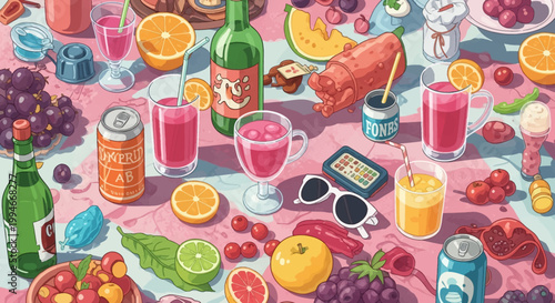 Colorful summer picnic spread with food and drinks