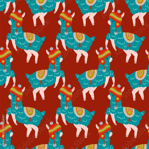 Happy Lamas Hopping Vector Seamless Pattern