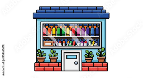 A colorful vector illustration of a charming small shop with a large window display of vibrant bottles and potted plants out front.