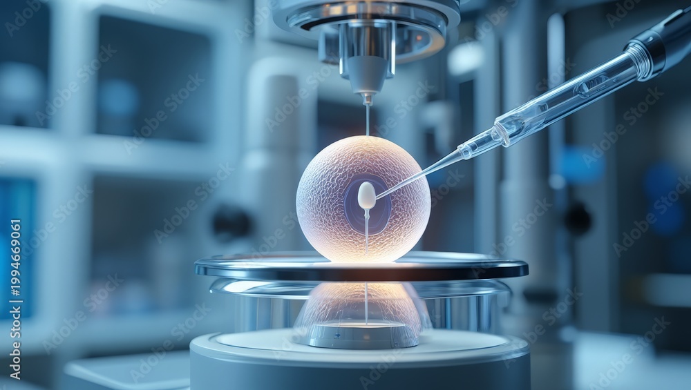 Obraz premium A laboratory scene showing a scientist working with an embryo for IVF, using precise equipment and techniques in a sterile environment.