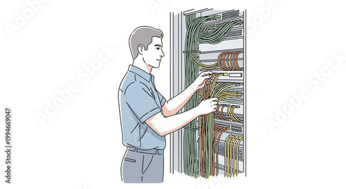 Worker Installing Cable Management System Organized Setup Concept