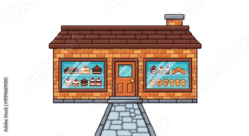 A charming brick bakery features large display windows filled with various cakes and pastries, with a stone-paved path leading to its door.