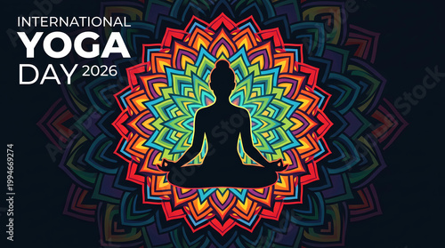 International Yoga Day 2026 lotus meditation flower of life sacred geometry rainbow chakra spiritual banner